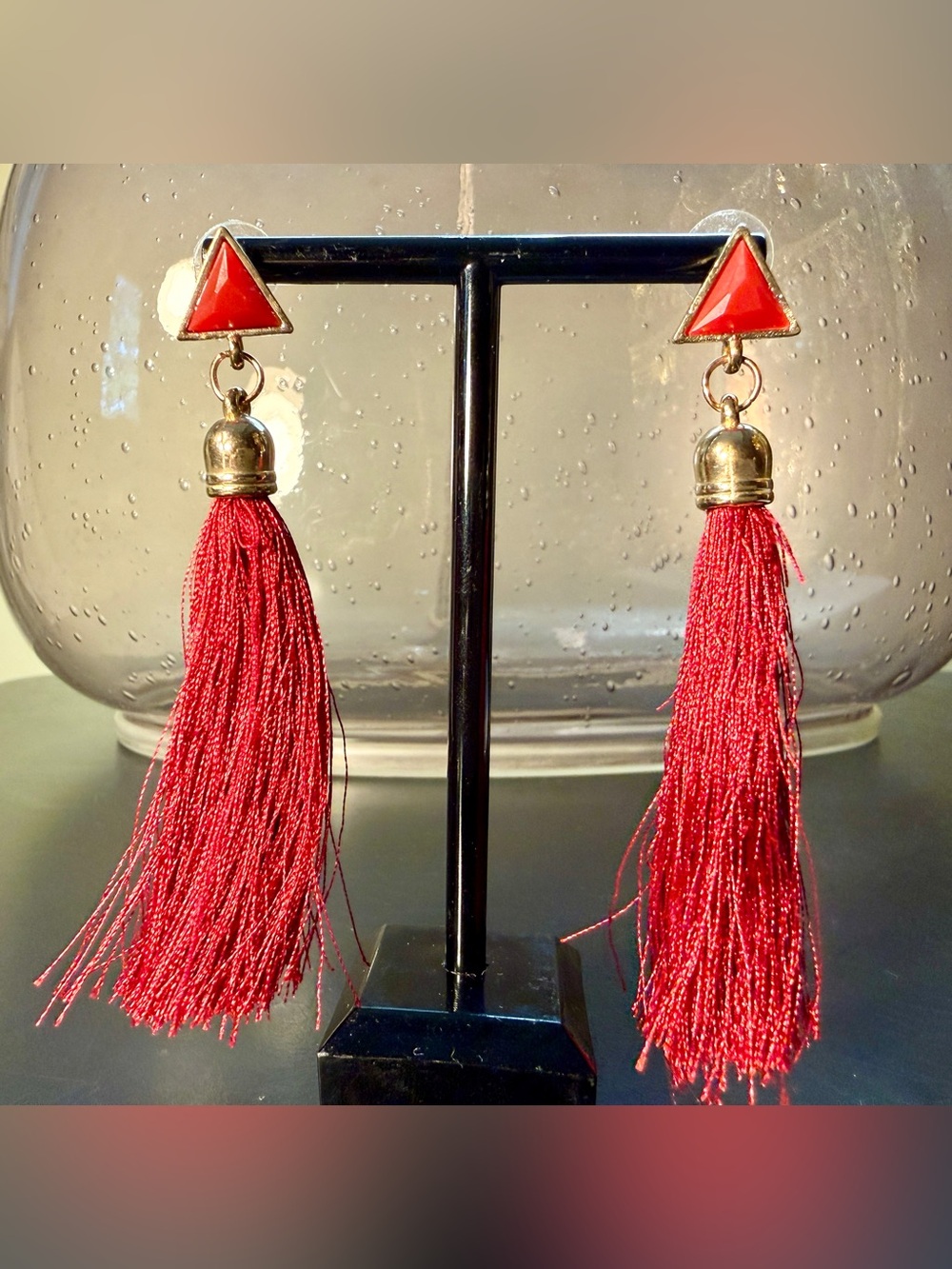 Bohemian Gold Tone Red Tassel Earrings New Without Tags